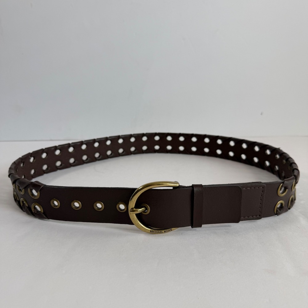 NWT Michael Kors XL Leather Brown Whipstitch Grommet Belt Boho Western Y2K
